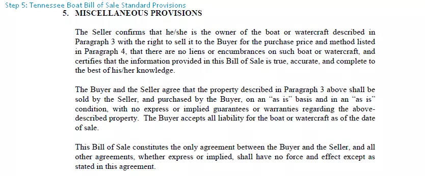 step 5 to filling out a tennessee boat bill of sale sample - standard provisions