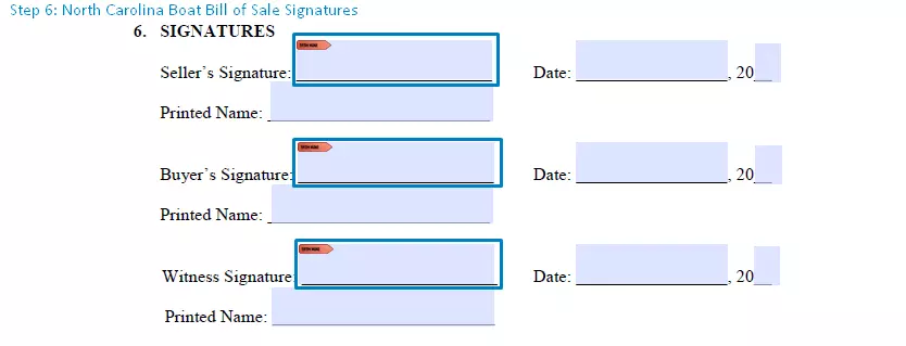 step 6 to filling out a north carolina boat bill of sale form - signatures