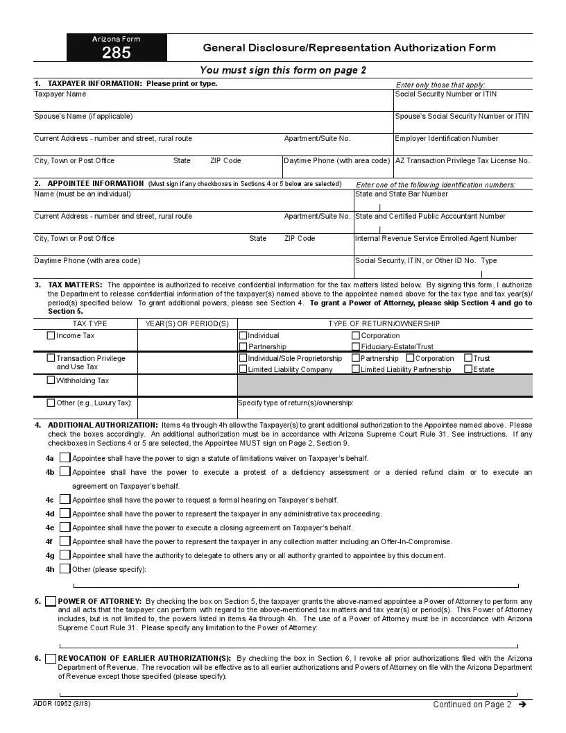 Arizona tax power of attorney form preview
