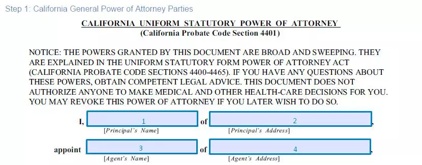 Step 1 to filling out a california general power of attorney parties