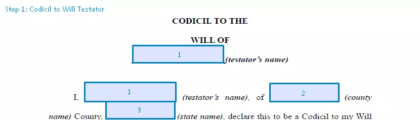 Step 1 to filling out a codicil to will - testator