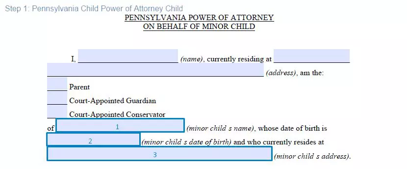 Step 1 to filling out a pennsylvania child power of attorney - child