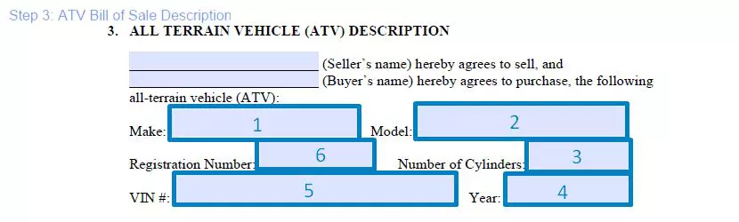 Step 3 to filling out an ATV bill of sale template description