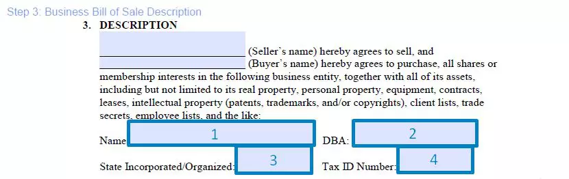 Step 3 to filling out a business bill of sale template description