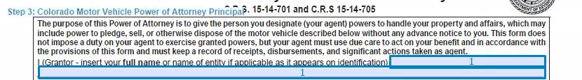 Step 3 to filling out a colorado motor vehicle power of attorney principal