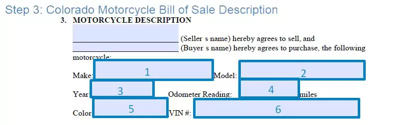 Step 3 to filling out a colorado motorcycle bill of sale sample description