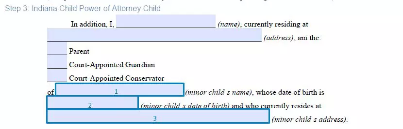 Step 3 to filling out an indiana minor poa - child