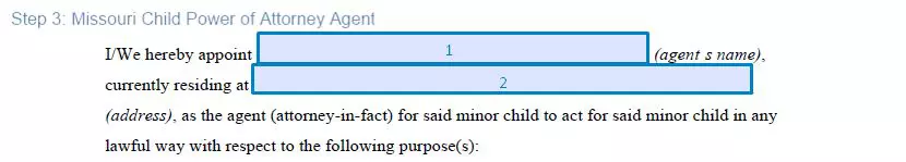 Step 3 to filling out a missouri child poa form agent