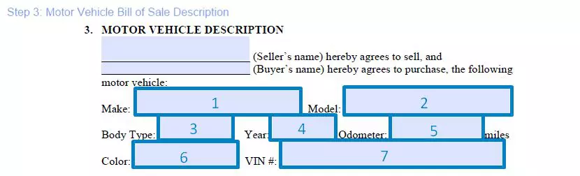 Step 3 to filling out a motor vehicle bill of sale form description