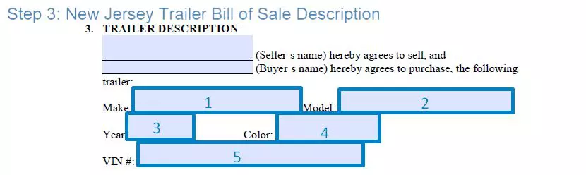 Step 3 to filling out a new jersey trailer blank bill of sale description