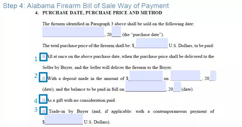 Step 4 to filling out an alabama firearm blank bill of sale - way of payment
