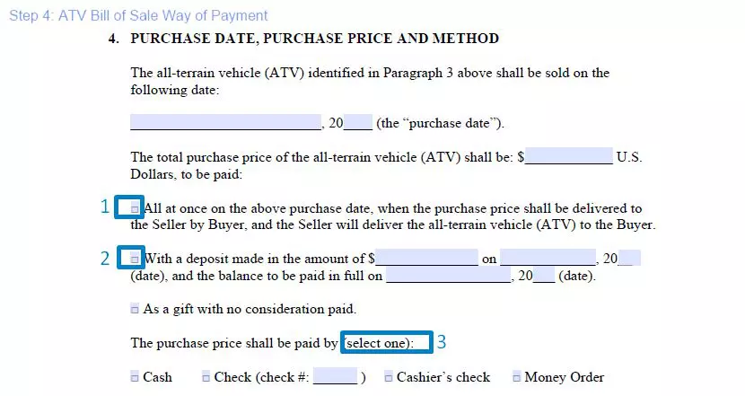 Step 4 to filling out an ATV bill of sale sample way of payment