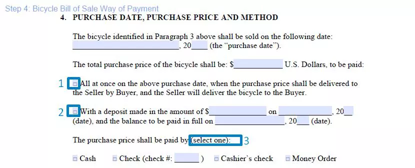 Step 4 to filling out a bicycle bill of sale form - way of payment