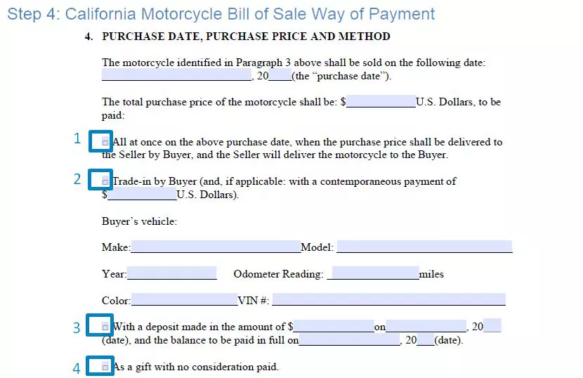 Step 4 to filling out a california motorcycle bill of sale template way of payment