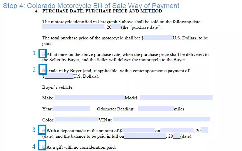 Step 4 to filling out a colorado motorcycle bill of sale example way of payment