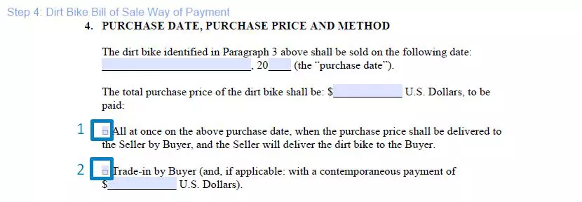 Step 4 to filling out a dirt bike bill of sale sample way of payment