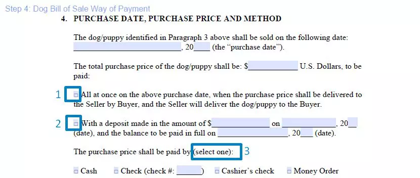 Step 4 to filling out a dog bill of sale sample way of payment
