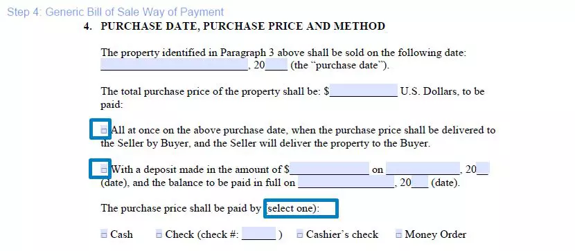 Step 4 to filling out a generic bill of sale sample - way of payment
