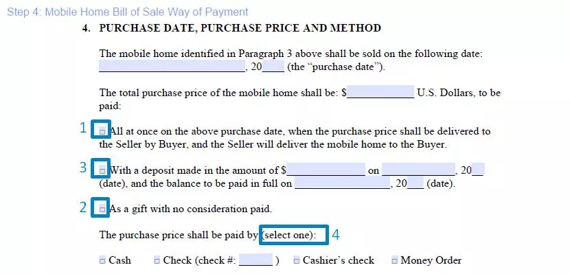 Step 4 to filling out a mobile home bill of sale template way of payment