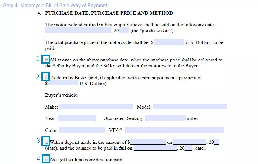 Step 4 to filling out a motorcycle bill of sale template way of payment