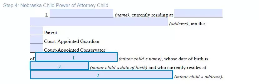 Step 4 to filling out a nebraska child poa example child