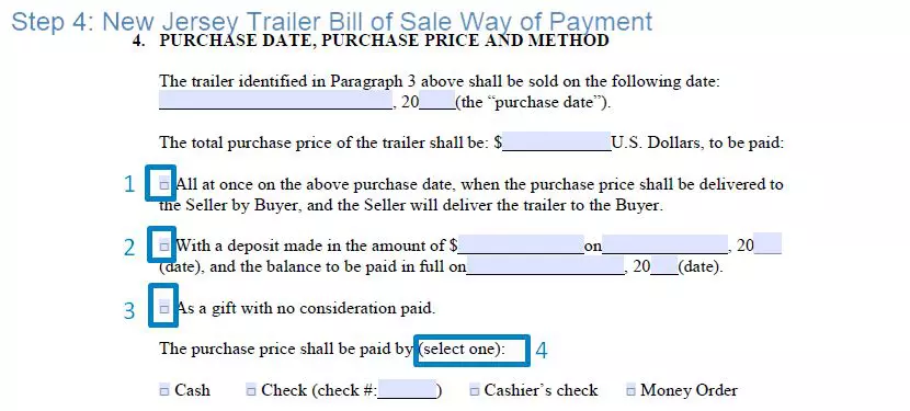 Step 4 to filling out a new jersey trailer bill of sale sample way of payment
