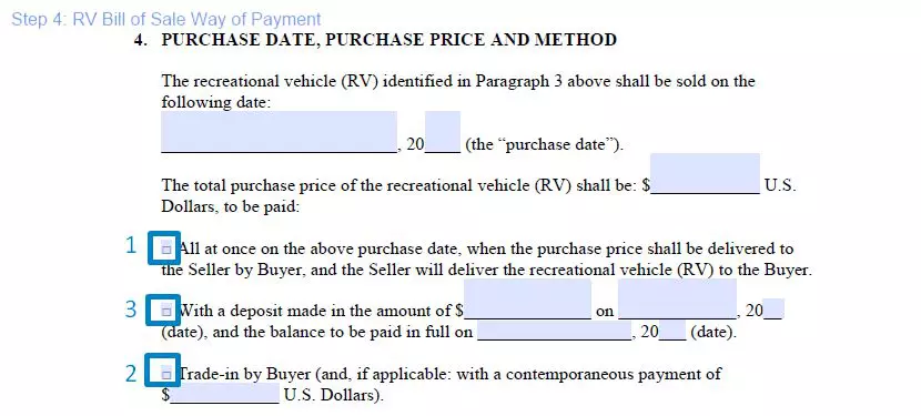 Step 4 to filling out a RV bill of sale template way of payment