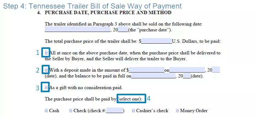 Step 4 to filling out a tennessee trailer bill of sale example - way of payment