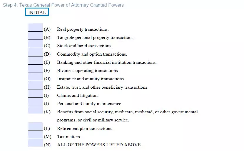 Step 4 to filling out a texas general power of attorney template - granted powers