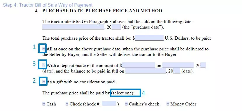 Step 4 to filling out a tractor bill of sale template way of payment