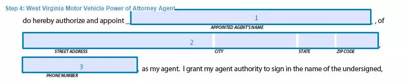 Step 4 to filling out a west virginia motor vehicle poa example - agent