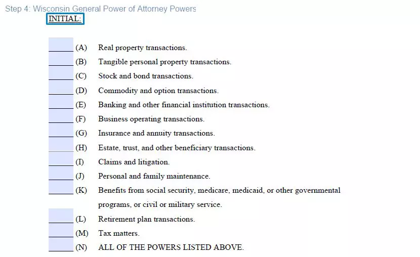 Step 4 to filling out a wisconsin financial blank power of attorney powers