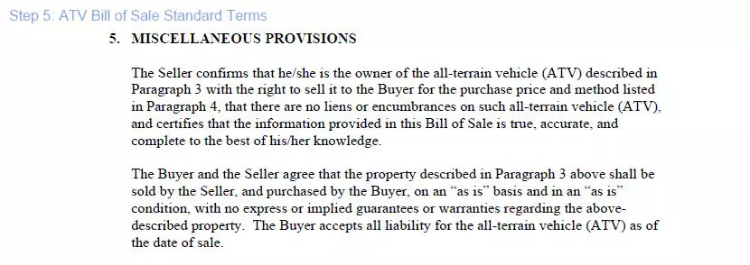 Step 5 to filling out an ATV blank bill of sale - standard terms