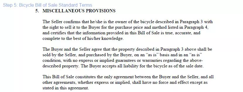 Step 5 to filling out a blank bicycle bill of sale template standard terms