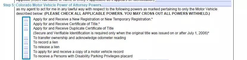 Step 5 to filling out a colorado motor vehicle poa form powers