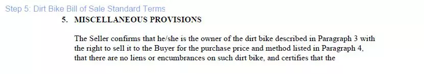 Step 5 to filling out a dirt bike blank bill of sale - standard terms