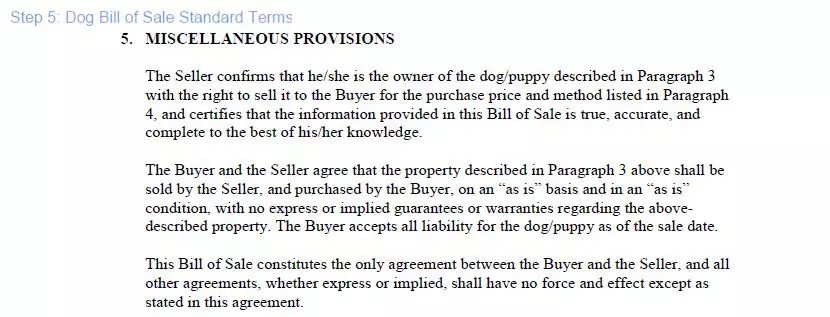 Step 5 to filling out a dog blank bill of sale standard terms