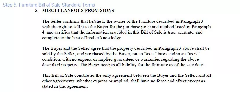 Step 5 to filling out a furniture blank bill of sale standard terms