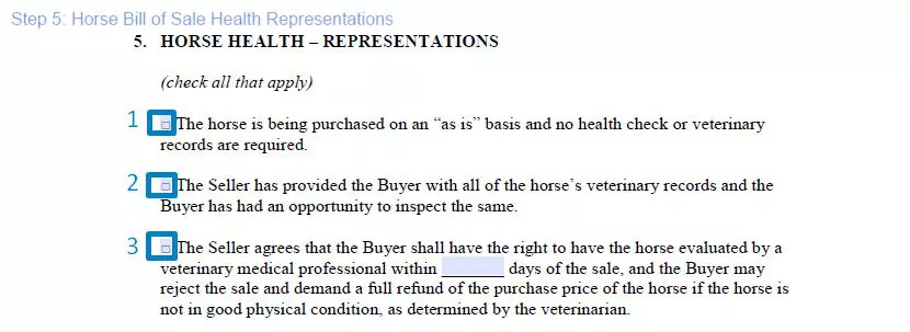 Step 5 to filling out a horse bill of sale sample health representations