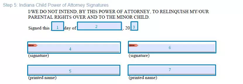 Step 5 to filling out an indiana child poa form - signatures