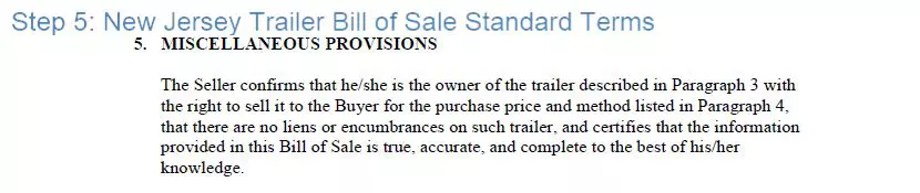 Step 5 to filling out a new jersey trailer bill of sale example standard terms