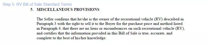 Step 5 to filling out a RV bill of sale form - standard terms