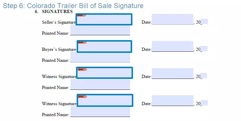 Step 6 to filling out a colorado trailer bill of sale form - signature