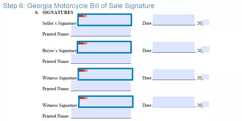 Step 6 to filling out a georgia motorcycle bill of sale example signature
