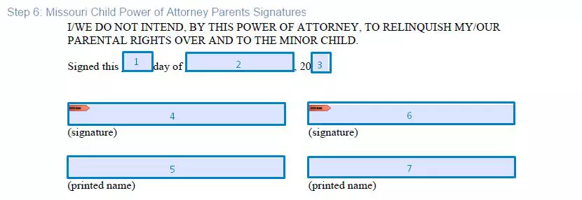 Step 6 to filling out a missouri child poa example - parents signatures