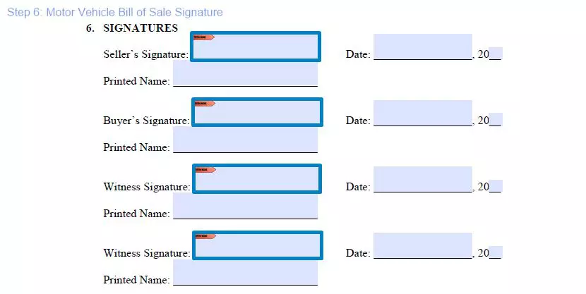 Step 6 to filling out a motor vehicle bill of sale example signature