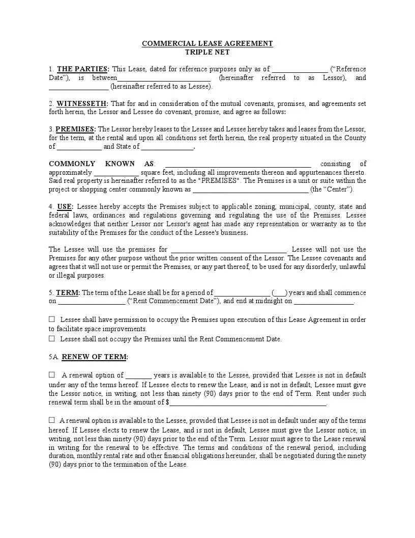 triple net nnn lease agreement form free pdf template