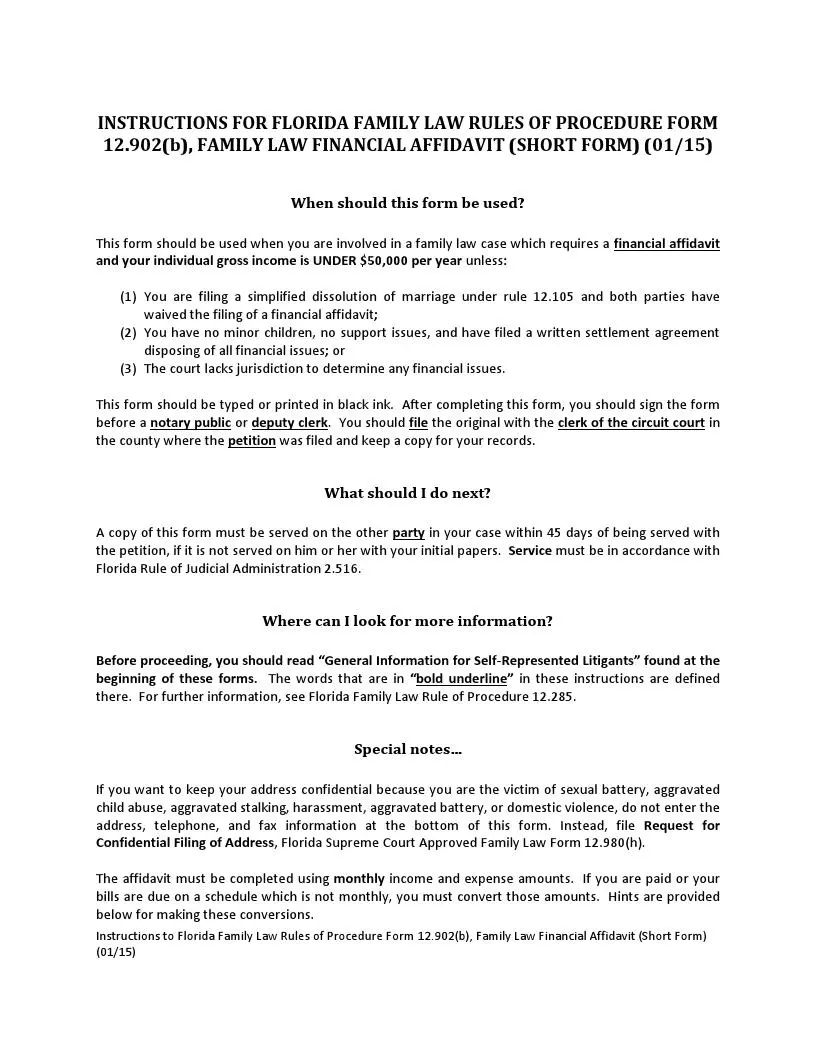 Florida Family Law Financial Affidavit Short FL Form 12 902 b 