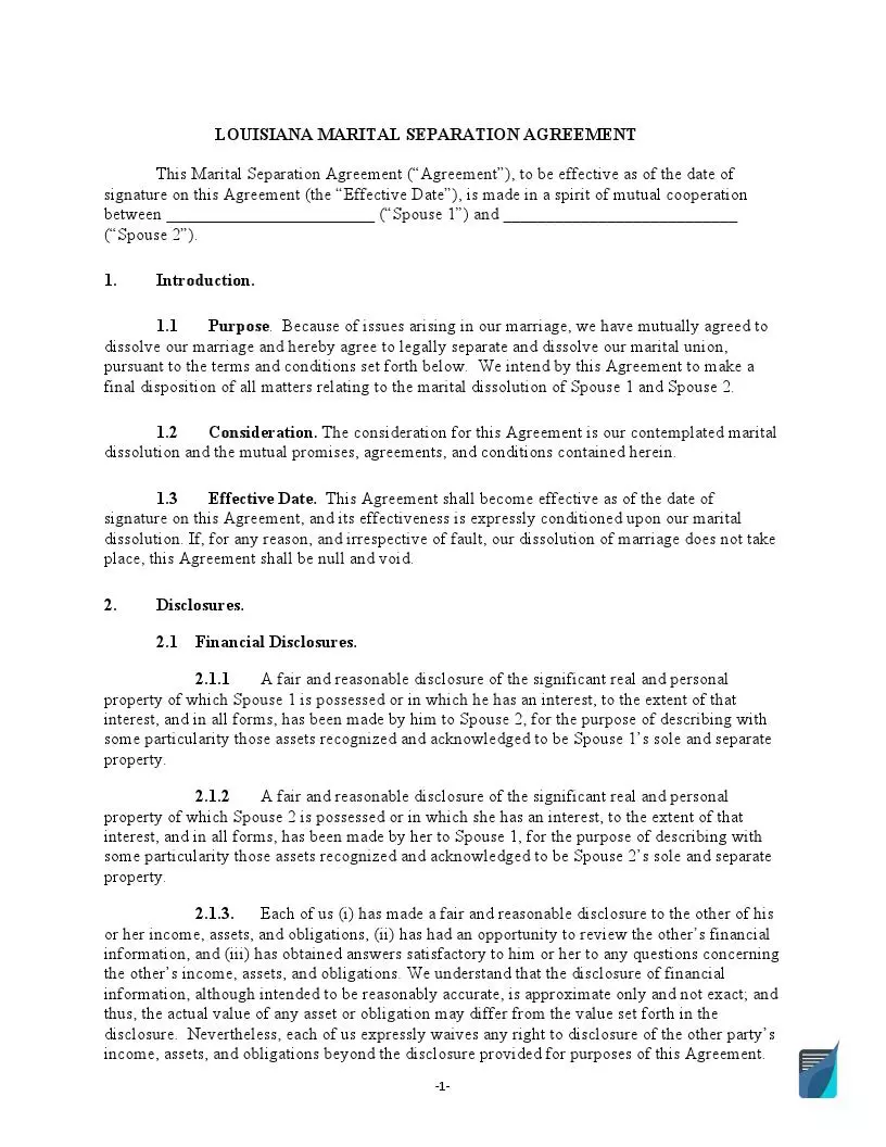 Louisiana Divorce Marital Settlement Agreement Form PDF 
