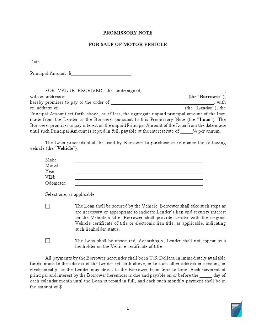 Promissory Note for Motor Vehicle form